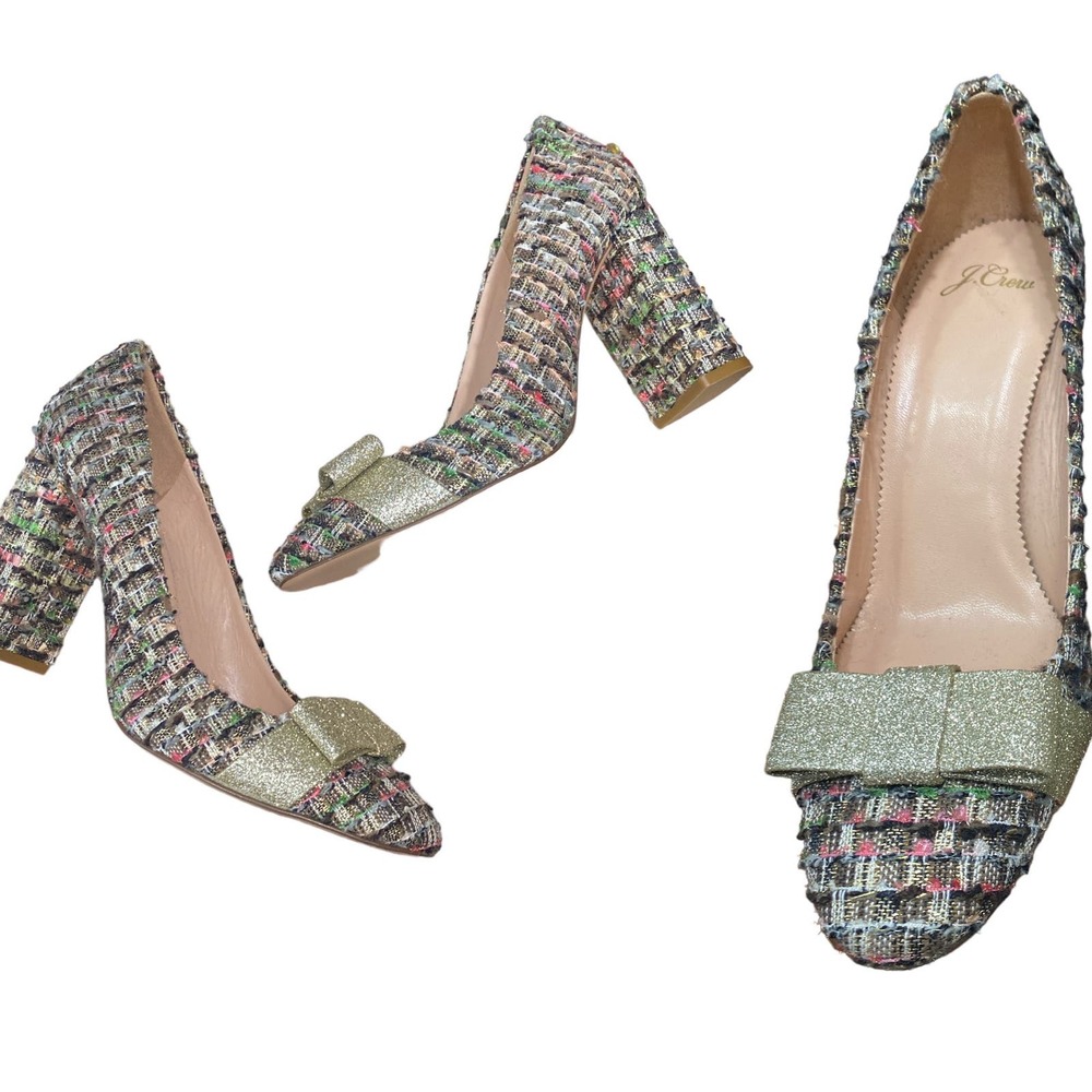 J. Crew Multicolor Tweed Gold Bow Pump Heels Size 9